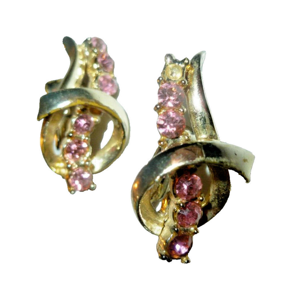 Vintage Gold Tone Pink Rhinestone Ribbon Swirl Clip On Earrings Mid Century